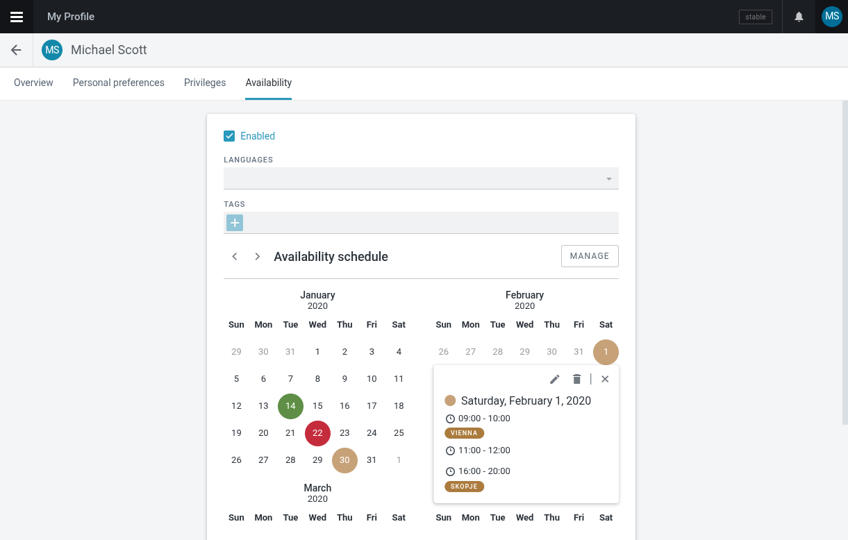 Profile availability settings with a calendar and a popover listing time slots and location tags for one day.