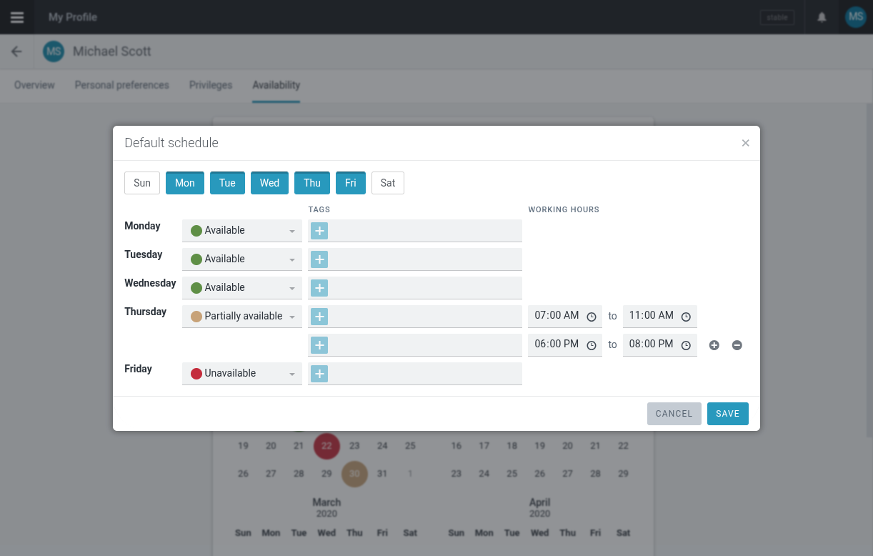 Default schedule dialog with weekday status, tags, and working hours for a recurring pattern.