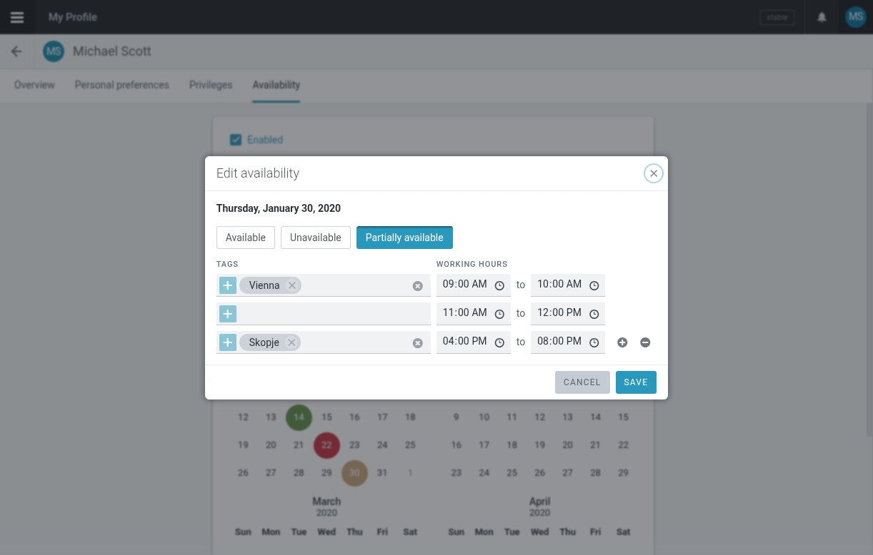 Edit availability dialog for one date, with status, location tags, and working hours.
