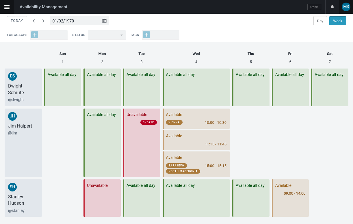 Week view of a team’s availability, with filters for language, status, and tags.
